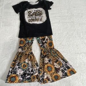 Girls Cow Short Sleeve Shirt Sunflower Bell Pants Set 2pcs Western Kids 3xl 7-8T
